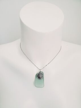 Sea Glass Pendant Necklace with Silver Medallion - Mint Green